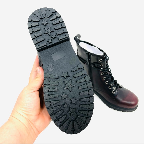 SO Women Burgundy Combat Boots Faux Leather Laced Up - Picture 8 of 10